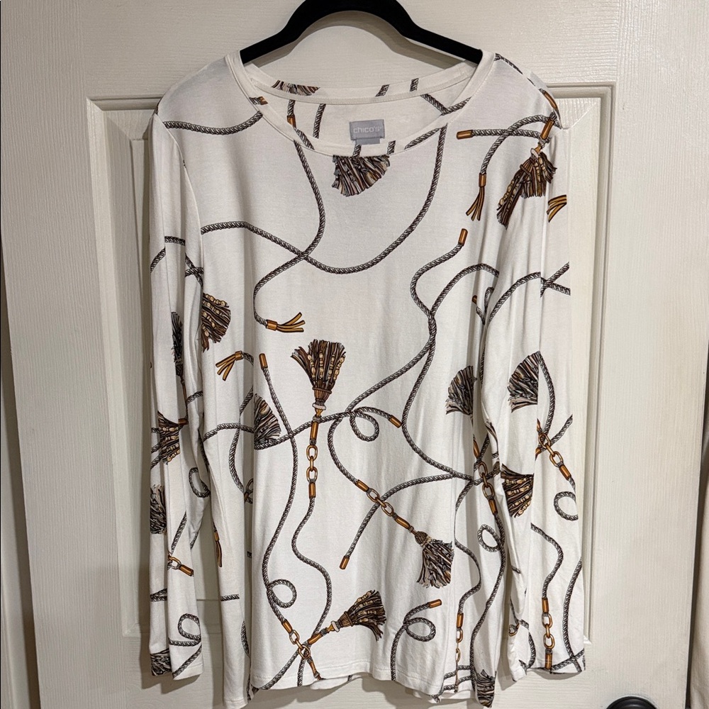 Chico's Cream and Brown Rope Print Long Sleeve Top